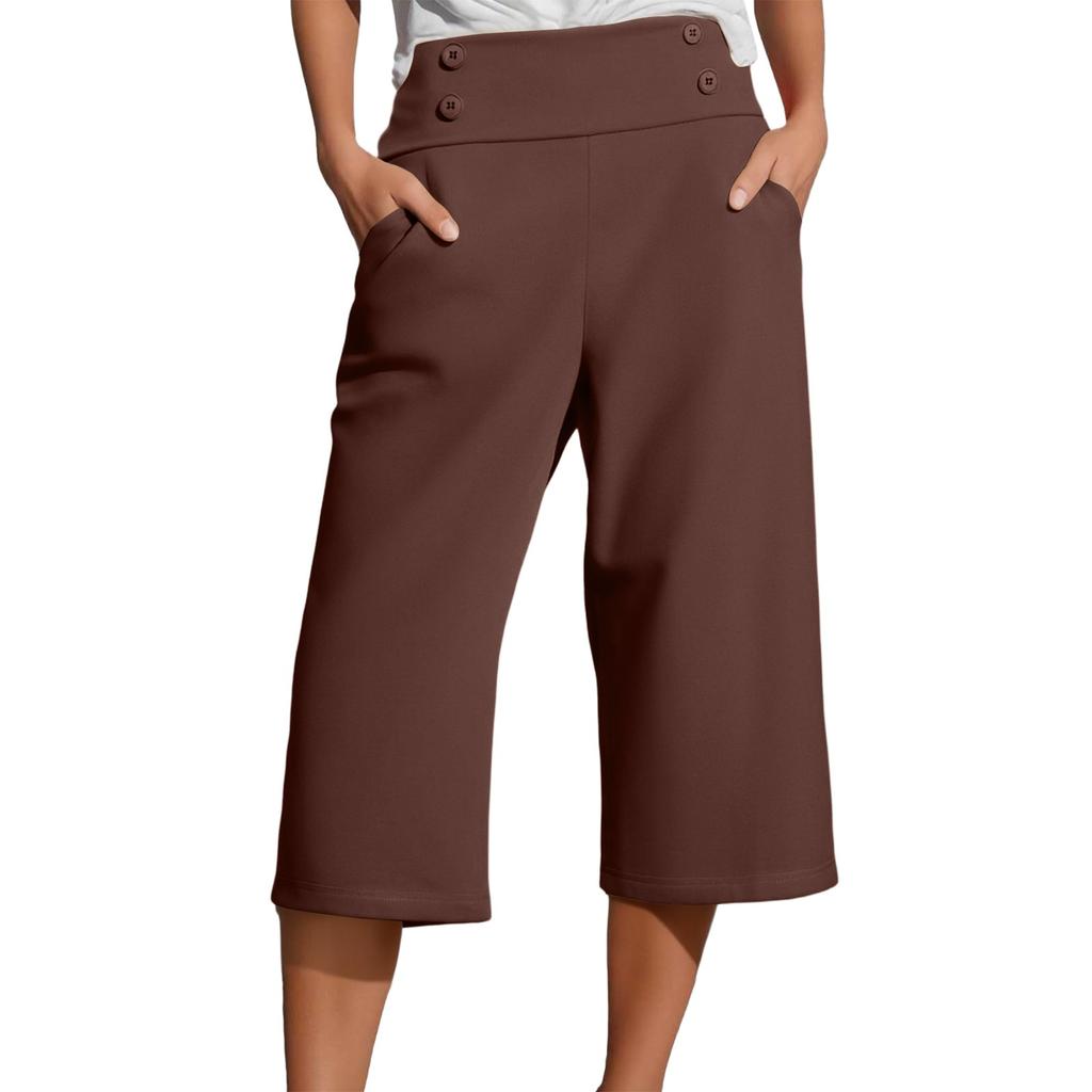Women's Fashionable Solid Color Button Pocket Pants With High Waist Sports Yoga Casual Cropped Pants