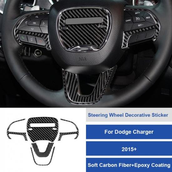 5pcs Carbon Fiber Car Steering Wheel Decor Cover for Dodge Charger 2015-