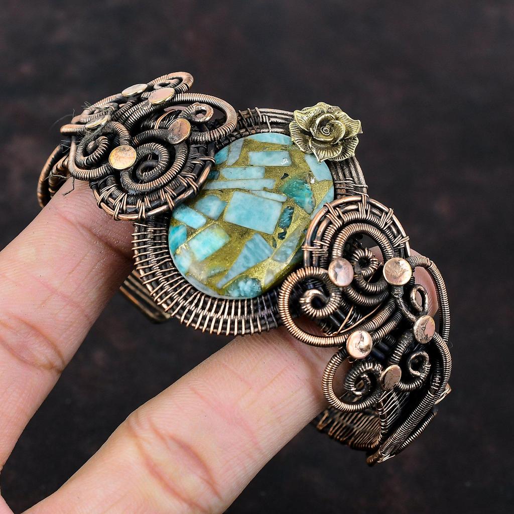 Copper Amazonite Cuff Bracelet Copper Wire Wrapped Adjustable Bangle Handmade Cuff Gemstone Flower Bangle Wire Wrapping Jewelry Gift For Mom