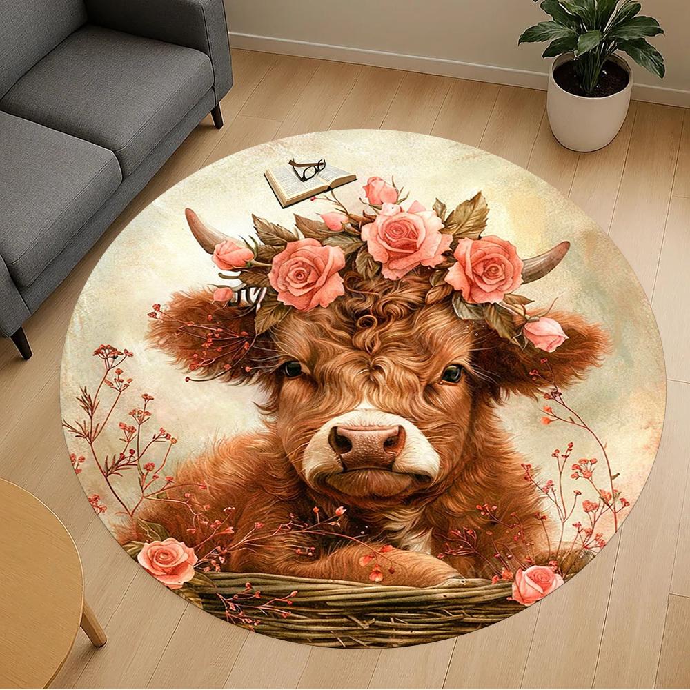 1PC Cow Flowers Office Round Area Rug, Under Office Chairs Bedroom Living Room Home Decor,Carpet for Office, -1110254
