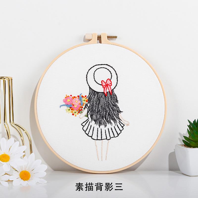 New Diy Handmade Embroidery Material Bag, European Simple Sketch Girl Back, Needle And Thread Set