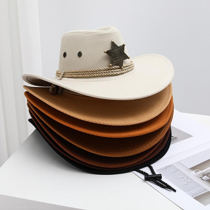 Western Cowboy Hat, Vintage Sheriff Hat Men's and Women's Horseback Riding Tourism Fishing Shade Sun Protection Belt Wind Rope