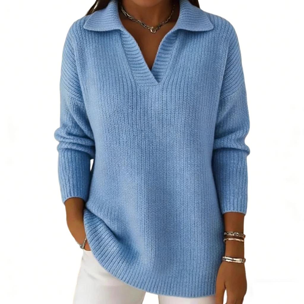 Women's Fashion Knitted Lapel Color Chunky Knit Top