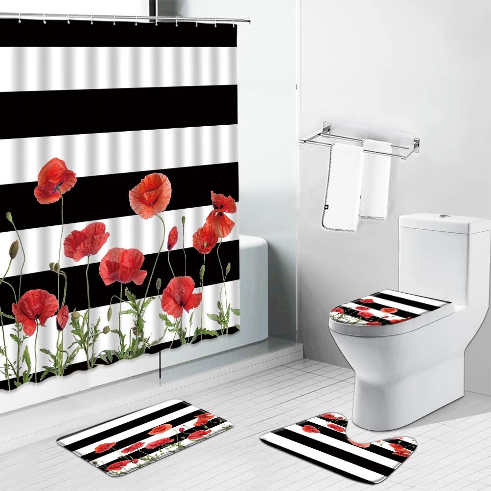Pink Flower Plant Shower Curtains Cactus Lavender Floral Scenery For Bathroom Curtain Non-Slip Bath Mat Toilet Cover Set Carpet