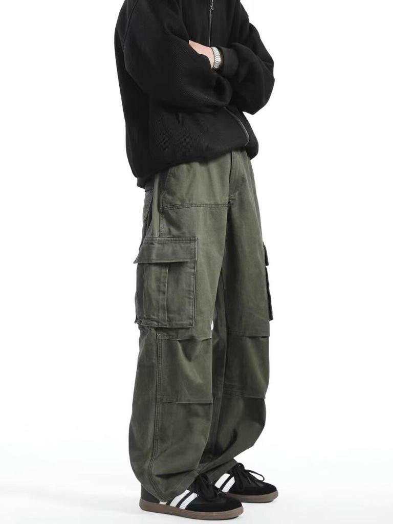 Men's Retro Punk Cargo Pants - Spring/Autumn 2025, Multi-Pocket, Heavyweight, Loose Fit, Straight Leg, Casual.