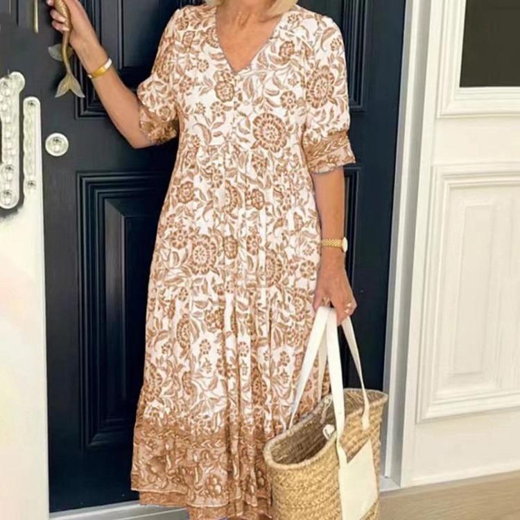 Women Floral Print Vneck Dress Lightweight Loose Long Dress Short Sleeve Summer Breathable Comfort Casual Dress for Fashion Work and Vacation