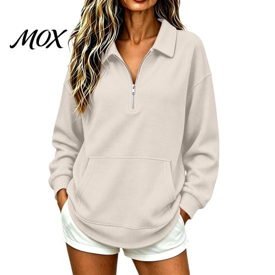 Women Waffle Sweatshirt Half-zip Sweatshirt, Long Sleeve Pullover Top with Kangaroo Skin Friendly Pocket, Loose Fit Casual Lapel for Fall Winter
