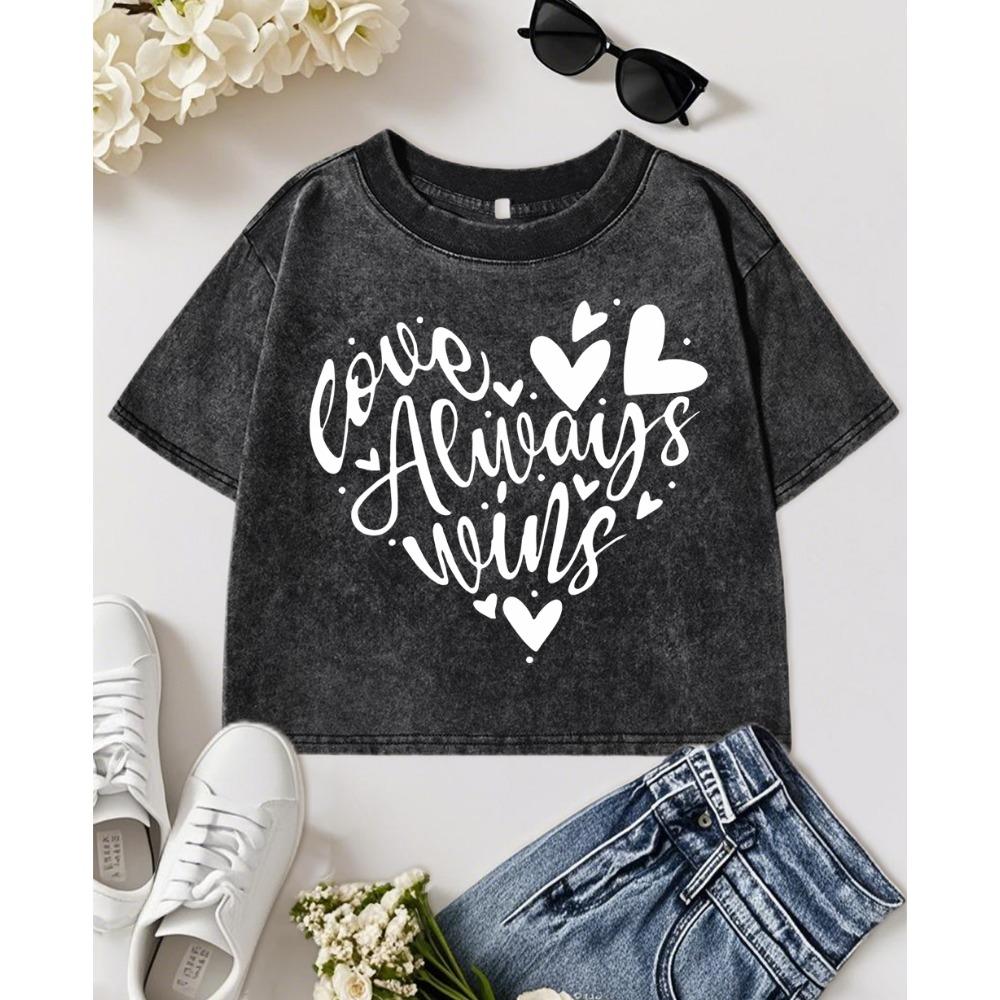 Love Always Wins Creative Heart Prints Women Washed T Shirts Hip Hop Summer Slim Sportswear Casual Cotton Top
