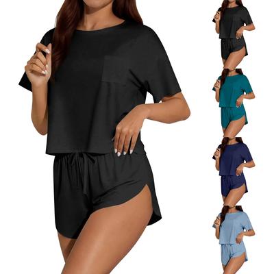 Women's Pajama Set Short Sleeve Striped Printed Two-piece Loungewear  Neck Pajamas Split Shorts Set Soft Sleepwear