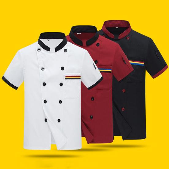 Veste de chef unisexe, couleur assortie, double boutonnage, manches courtes, col montant, uniforme de service alimentaire, chemise de chef, haut de serveur pour la cuisine