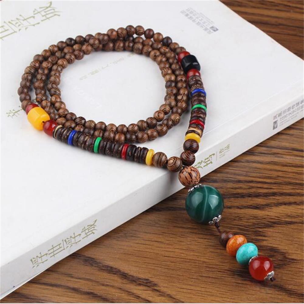Boho Lucky Gift Party Handmade Mala Wood Bead Nepal Necklace Buddhist Horn Fish Pendant