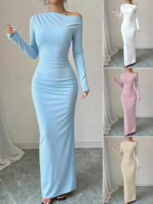 Style Crossbody Bag Dress for Women, Solid Color Long Sleeve Dress, Elegant Maxi Dress
