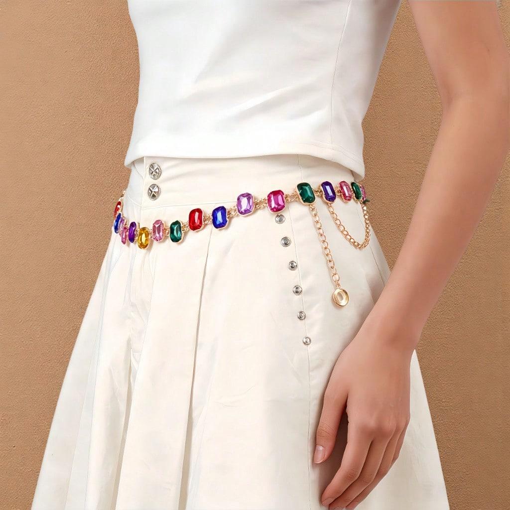 Colorful Diamond Waist Chain for Women, European and American Alloy, Water Diamond, Gold Plated Metal Waist Chain