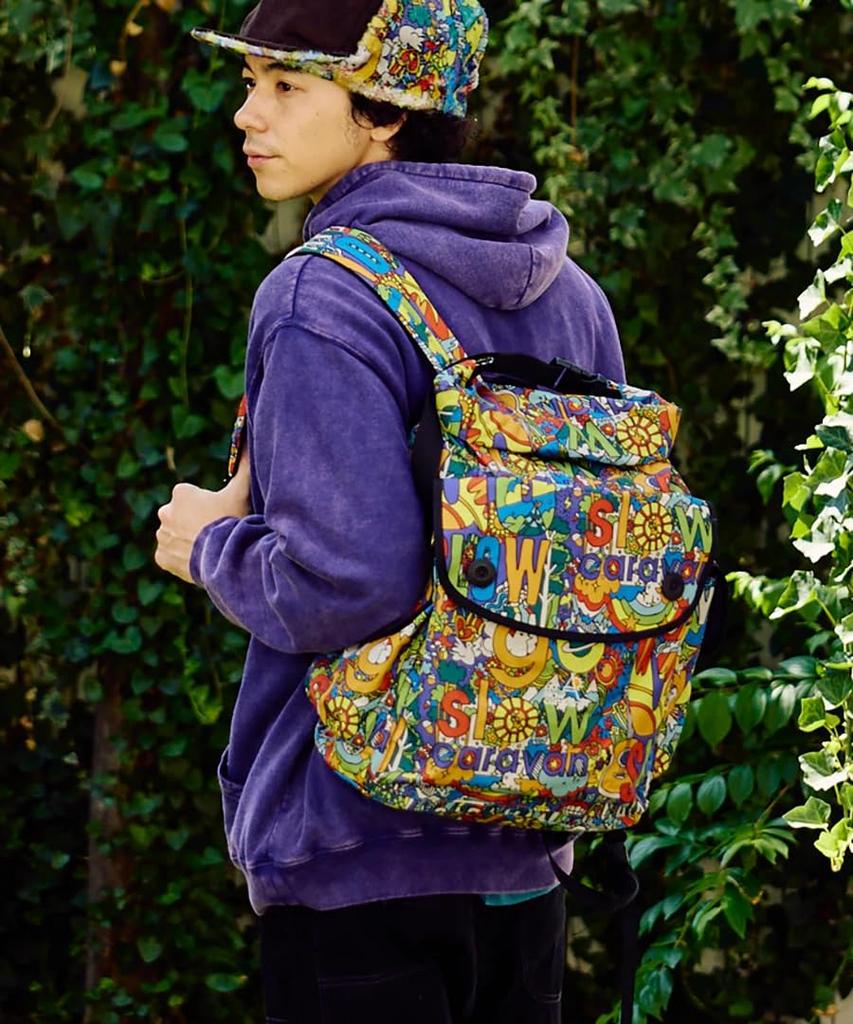 [go Slow Caravan] 358103 Polyester Taffeta 2-Way Roll-Top Day Bag, Psychedelic Free