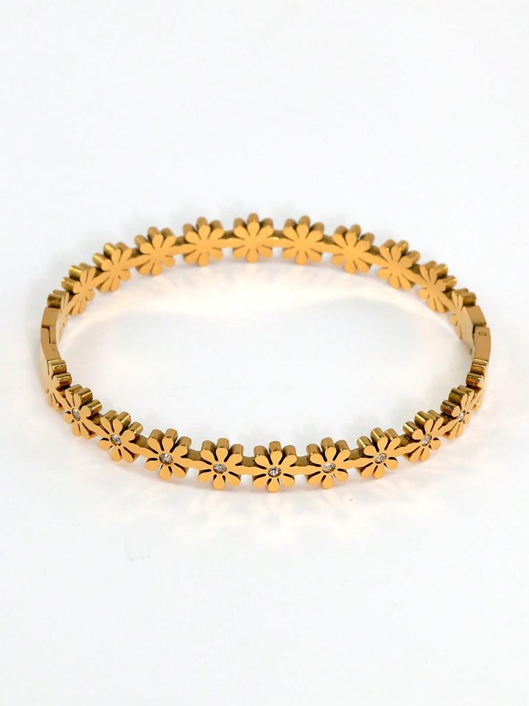 Fashionable Stainless Steel Daisy & Zirconia Bracelet, Suitable For Women's Party, Daily Wear, Classic Floral Design Wrist Jewelry Gift