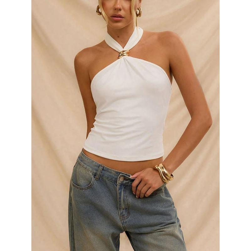 Women Fashion Backless Metal Decoration Halter Camisole Tank Top XS белый