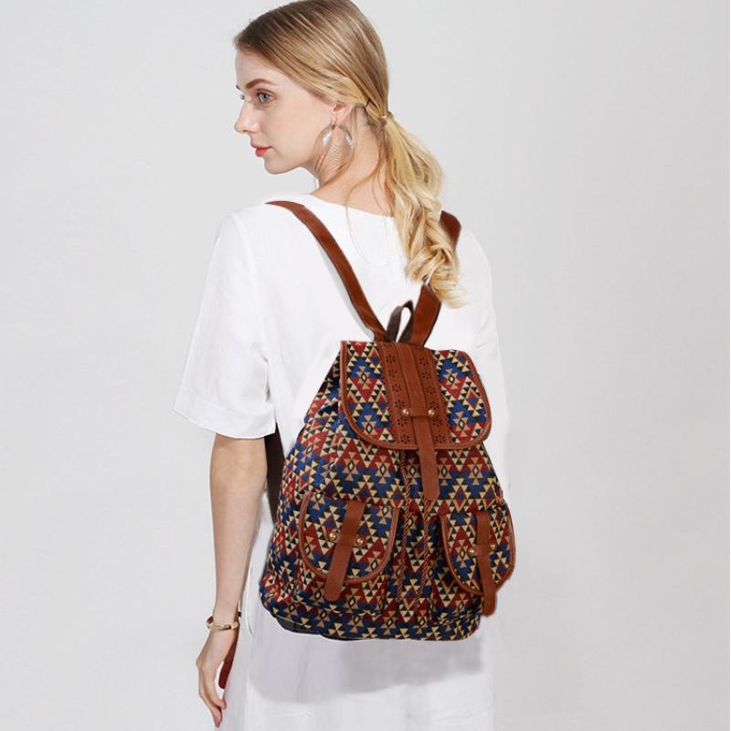 Ethnic Style Retro Women's Backpack Personalized Fashion Pattern Plaid Double Shoulder Bags Casual Large Capacity Drawstring Female Travel Rucksacks