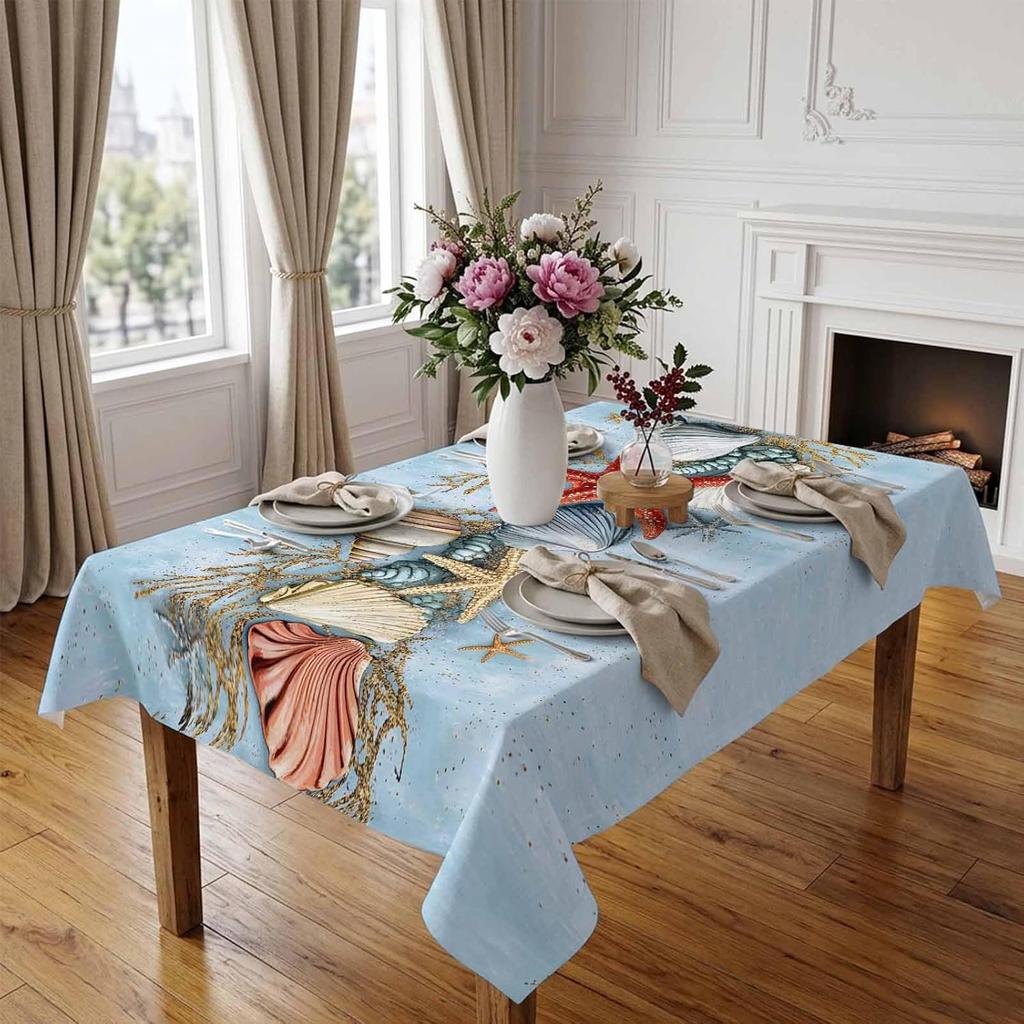 Ocean Starfish Shell Conch Rectangle Tablecloth for Table Decor Blue Gradient Ocean Print Kitchen Dining Table Cloth Party Decor