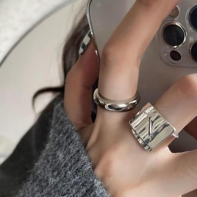 S925 Silver-Plated Geometric Wave Ring: Retro, Wide-Rimmed, Open Design for Women