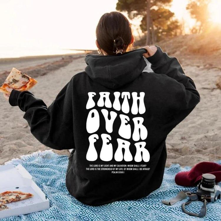 Faith Over Fear Christian Hoodie Religious Graphic Sweatshirt Jesus Pullover Aesthetic Top for Women