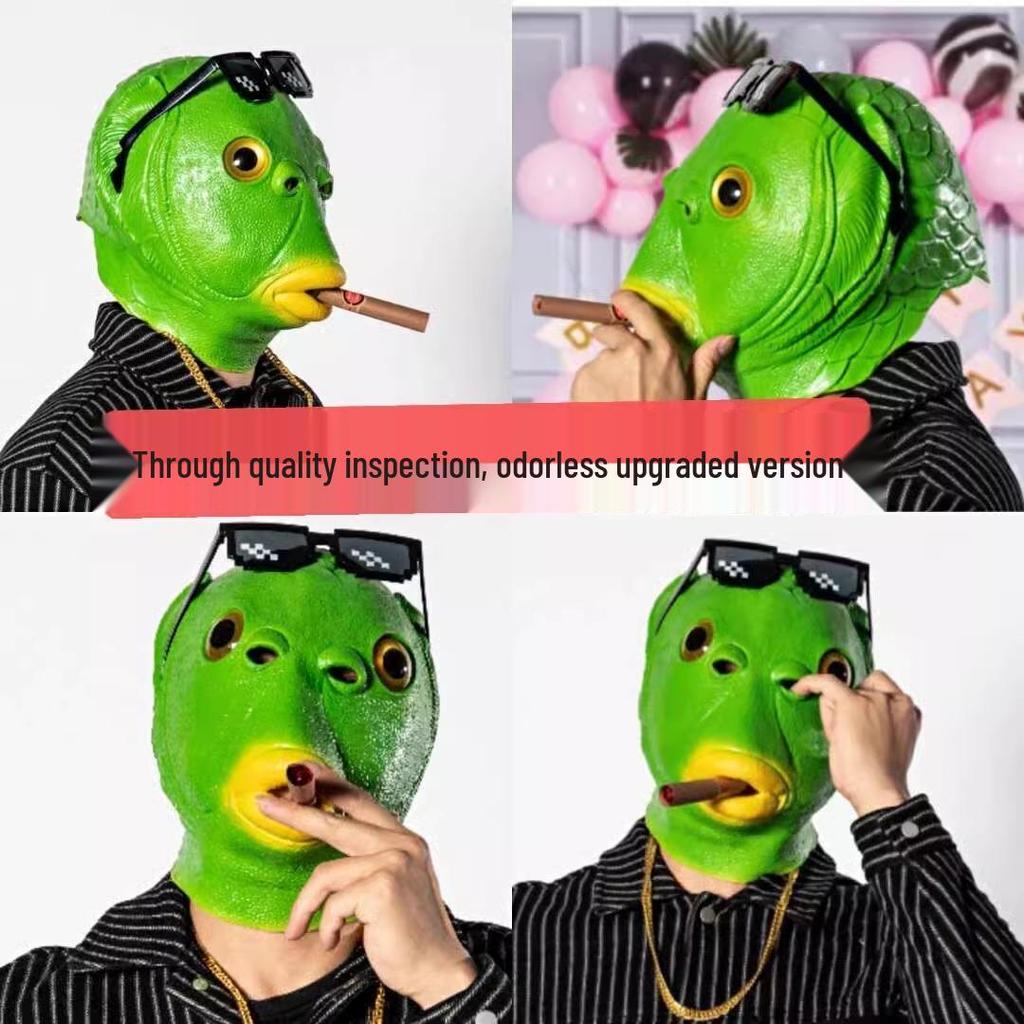 Green Fish Monster Headgear: Hilarious Full Face Prank Mask Inspired by Sand Sculpture Internet Celebrity