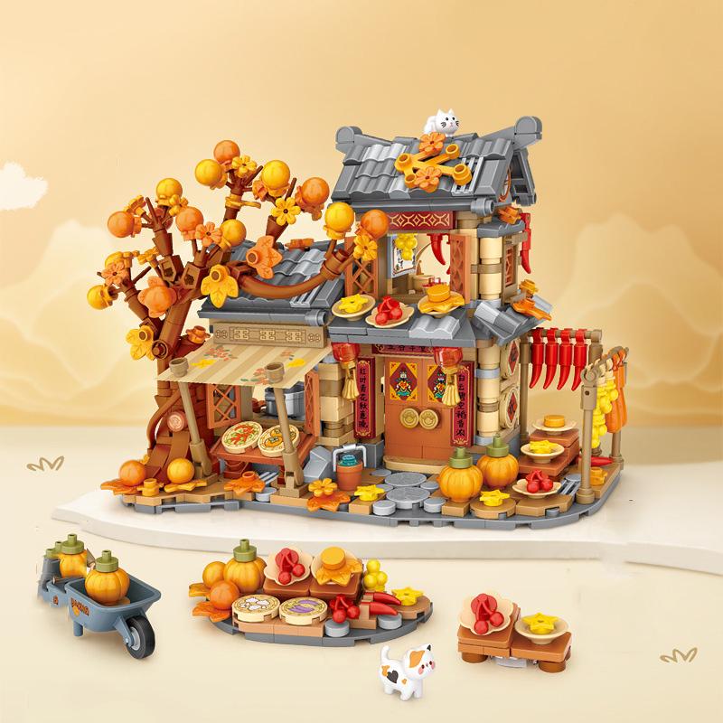 Creative Street View Mini Block Autumn Cottage Rural Courtyard Construction Building Brick House Figures Toy For Kids Gifts