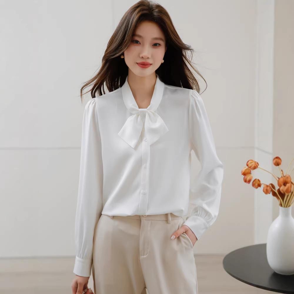 Chic Women's Long Sleeve Bow Tie Shirt - 2026 Spring French Silk Layered Top
