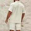 Summer Men's Casual Daily Outdoor Travel Solid Jacquard Lapel Short-sleeved Shirt Drawstring Shorts Two-piece Set