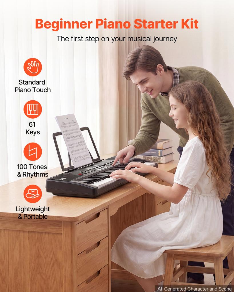 VEVOR Digital Piano 61 Keys Semi Weighted Electric Keyboard Portable Black, for Beginners, 100 Tones, 100 Rhythms, Electronic Piano