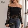 Pure Desire Spice One Line Neck Lace Top Women's New Sexy Slim V-neck with Elegant Off-the-shoulder Long Sleeve T-shirt