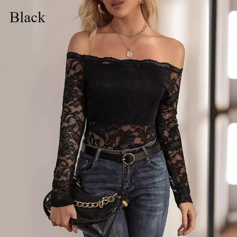 Pure Desire Spice One Line Neck Lace Top Women's New Sexy Slim V-neck with Elegant Off-the-shoulder Long Sleeve T-shirt