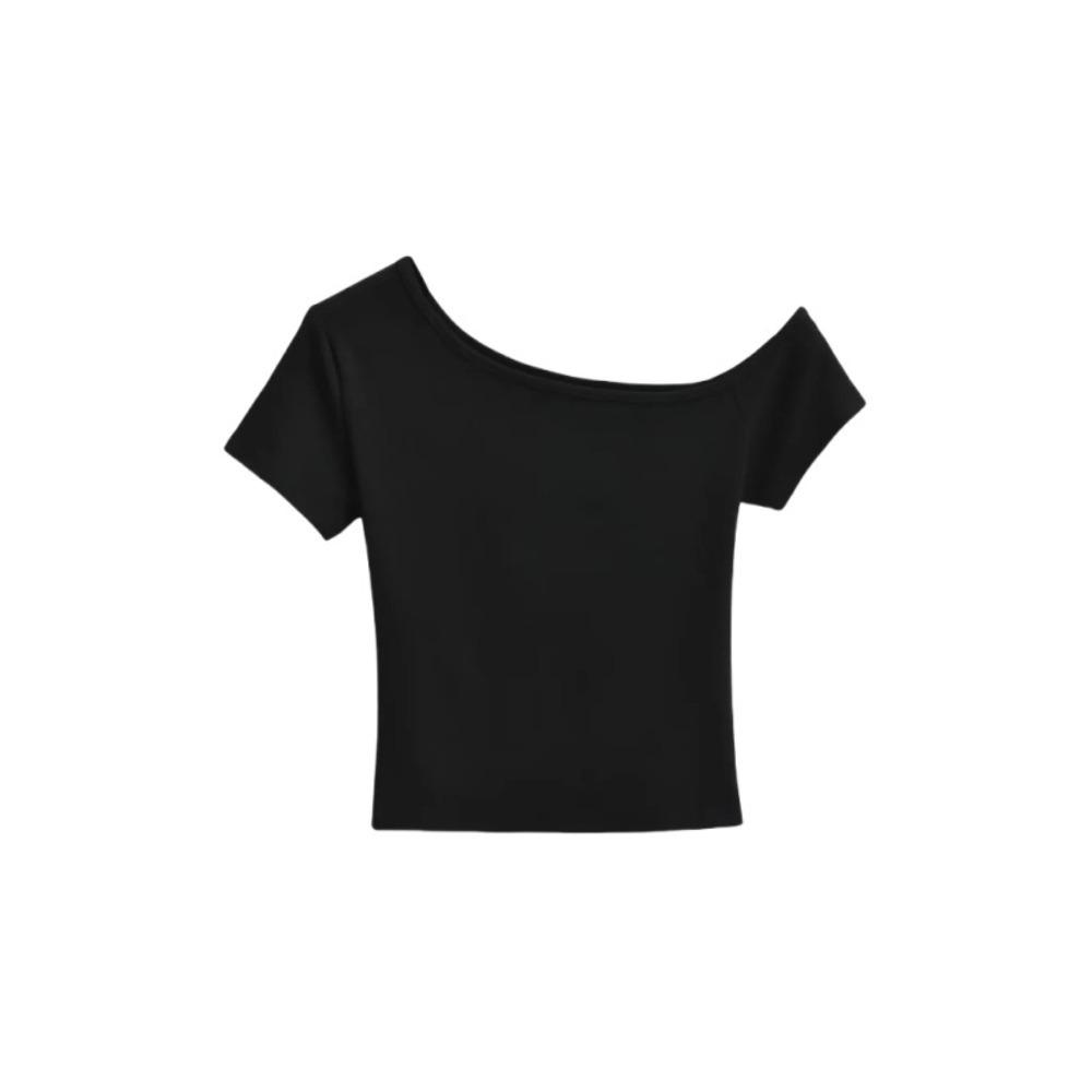 

Basic Tees Y2k Crop Top Slim Fit Off Shoulder T-shirt Punk Short Sleeve Solid Tops Ladies XL чёрный