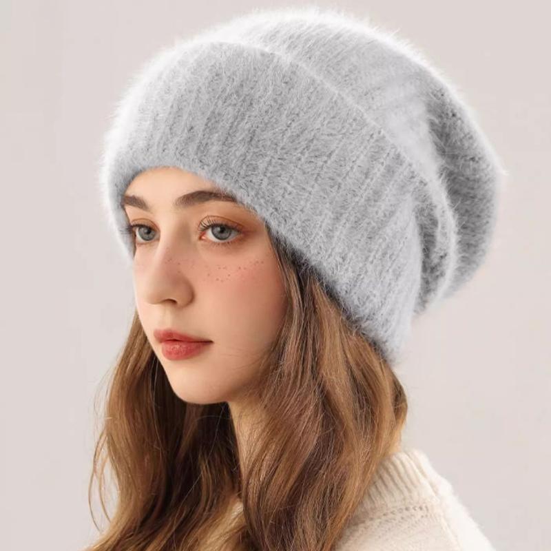 Fluffy Angora Hat Rabbit Fur Warm Winter Hat For Womans Cashmere Wool Soft Beanies Knitted Hat Outdoor Ski Female