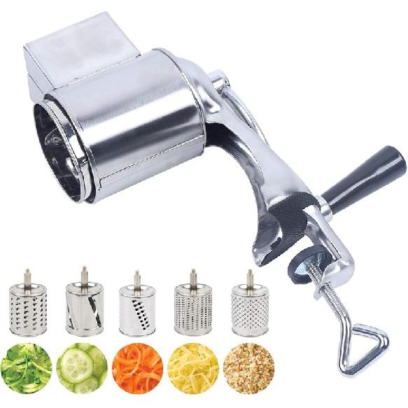 Upgrade Stainless Steel Rotary Vegetable Cheese Grater Potato Slicer Rotary Handheld Grater with 5 Blades Dishwasher Safe