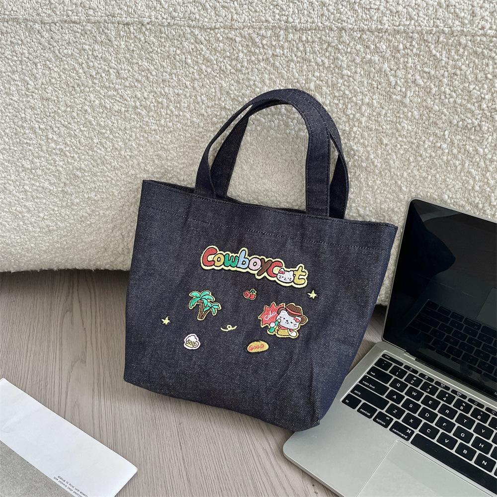 2 Cute Denim Embroidery Hand Bag Portable Storage Out Wrist Bag Large Capacity Portable Bento Bag