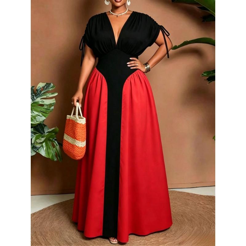 Plus Size V Neck Color Block Waist Cinched Midi Casual Dress For Women