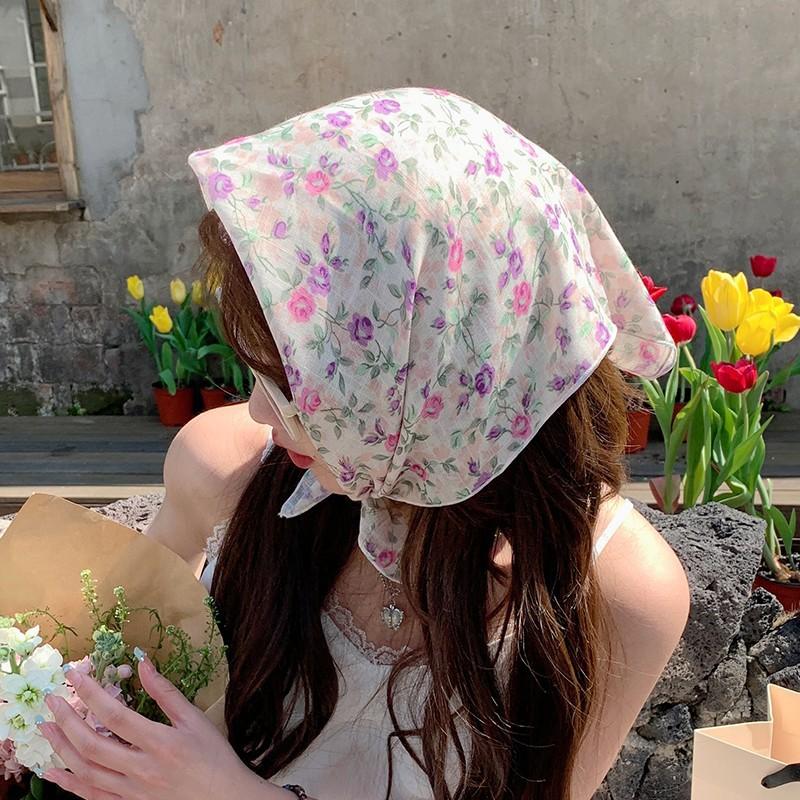 Eșarfă mică pătrată retro de țară, eșarfă artistică franțuzească din bumbac și in, eșarfă de cap pentru femei de primăvară și toamnă, vară, pentru umbră și protecție solară