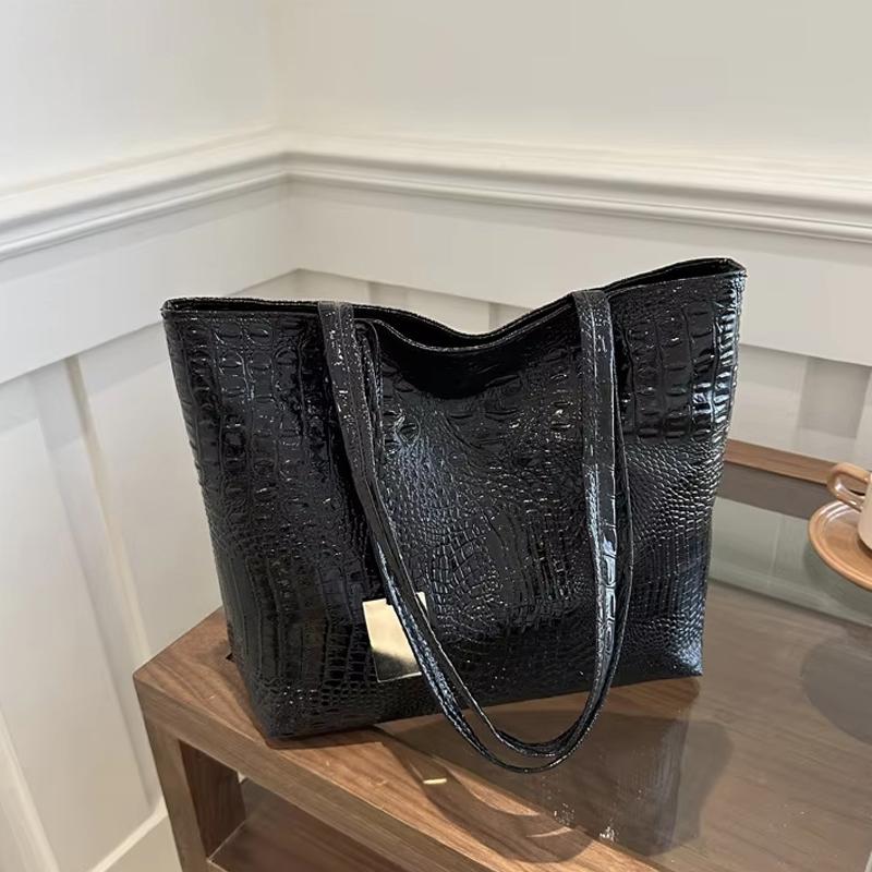 Bolso de Mano Grande Casual de Moda para Mujer, Bolso de Hombro Brillante Metálico con Relieve de Cocodrilo para Compras Diarias de Damas