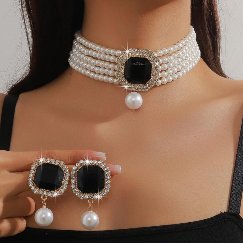 Pack Of 1 Set Elegant Multilayer Faux Pearls And Geometric Crystal Necklace and Earrings Set For Women Lady