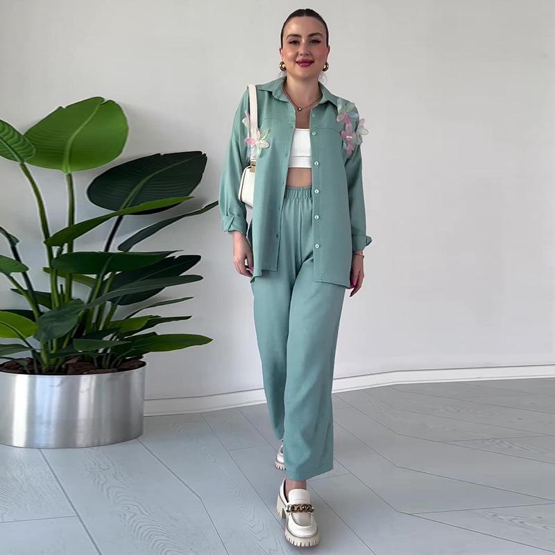 2023 Autumn Women's Solid Color Fashion Applique Shirt and Casual Pants Set