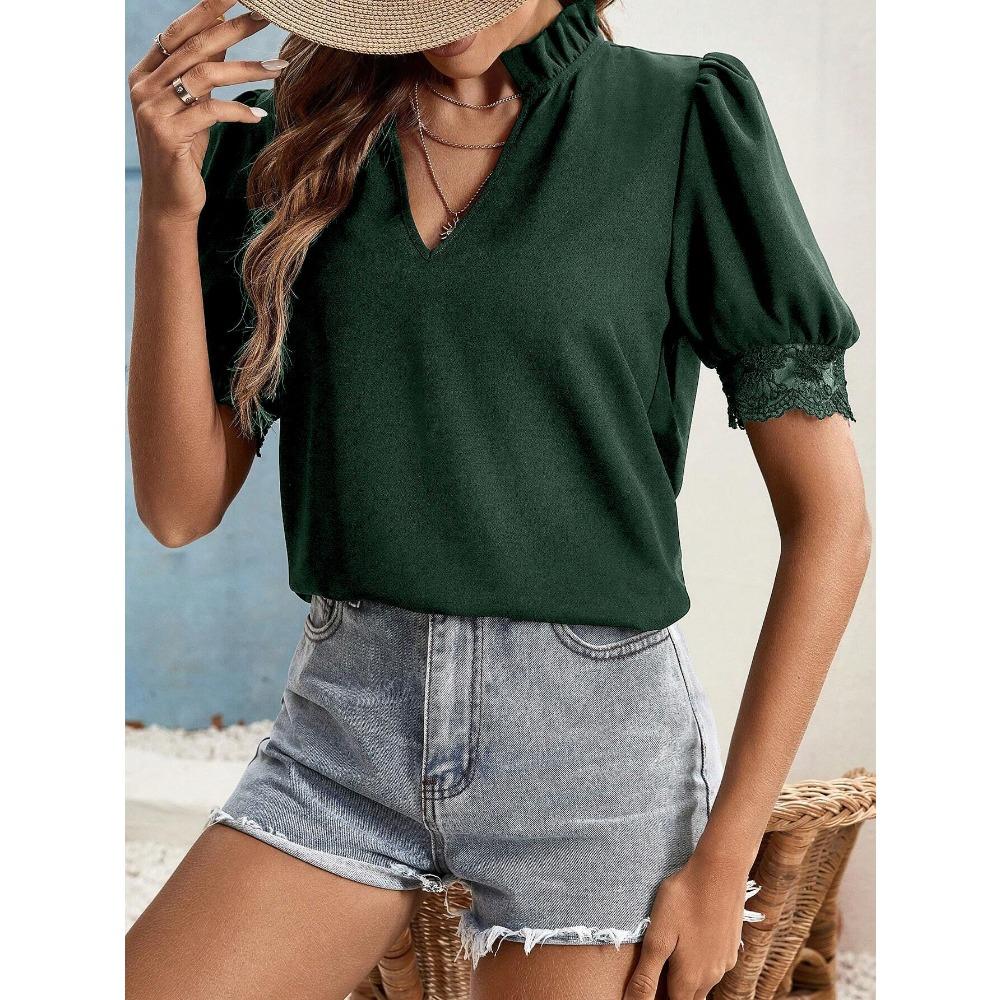 Women's Short-sleeved Tops Summer New Fashion T-shirt Versatile V-neck Shirt Lantern Sleeve Splicing Lace Blouse