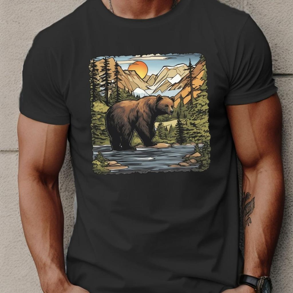Bear In River Graphic Tee Men Short Sleeve Casual Breathable Cotton TShirt
