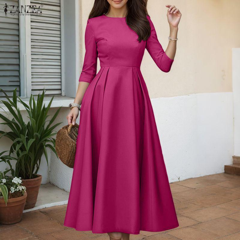 ZANZEA Women Casual Round Neck Solid Color 3/4 Sleeve Long Dress