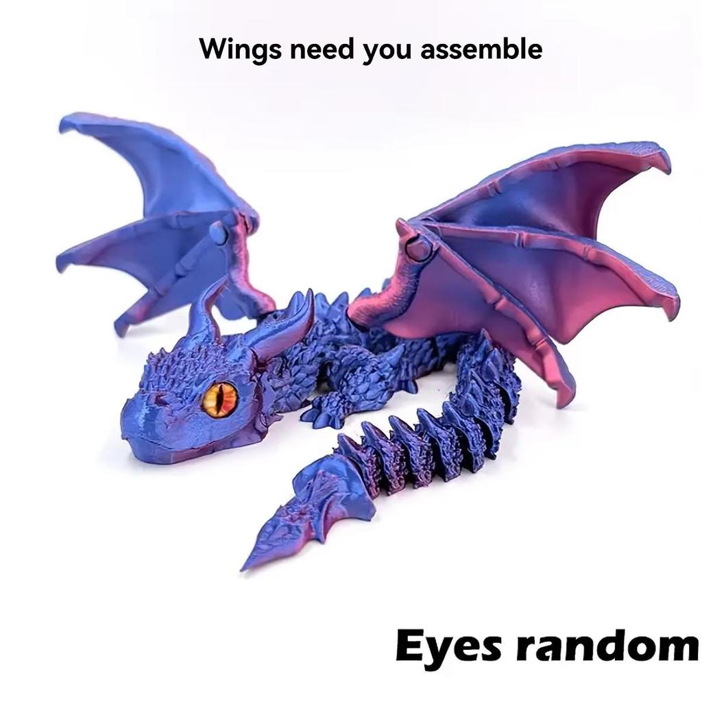 1 peça de estatueta de dragão com carruagem alada impressa em 3D com olhos aleatórios, escultura de dragão em resina Art Déco, decoração de mesa com tema animal