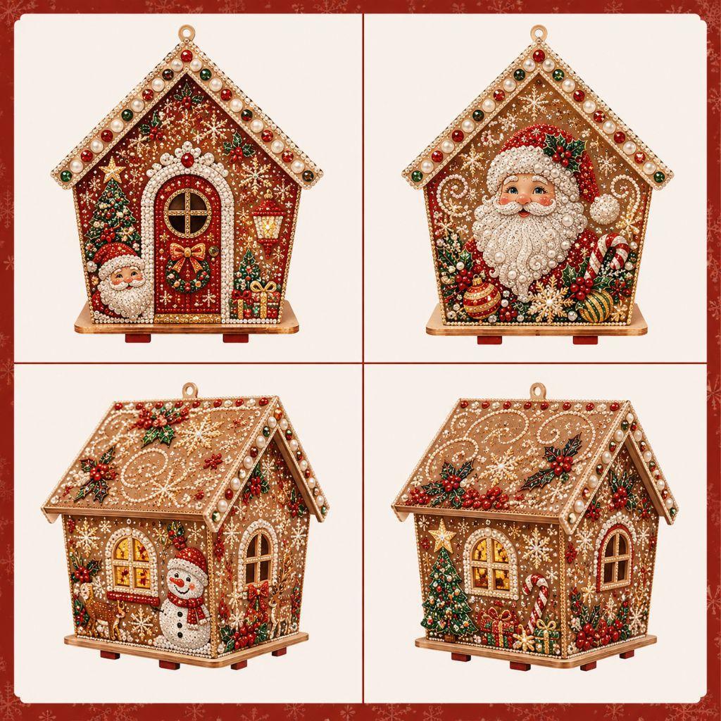3D Christmas Wooden House Diamond Art Kit for Adults DIY Pearl Bead Painting Craft with Resin Gems Handmade Hanging Holiday Ornament Festive Wall