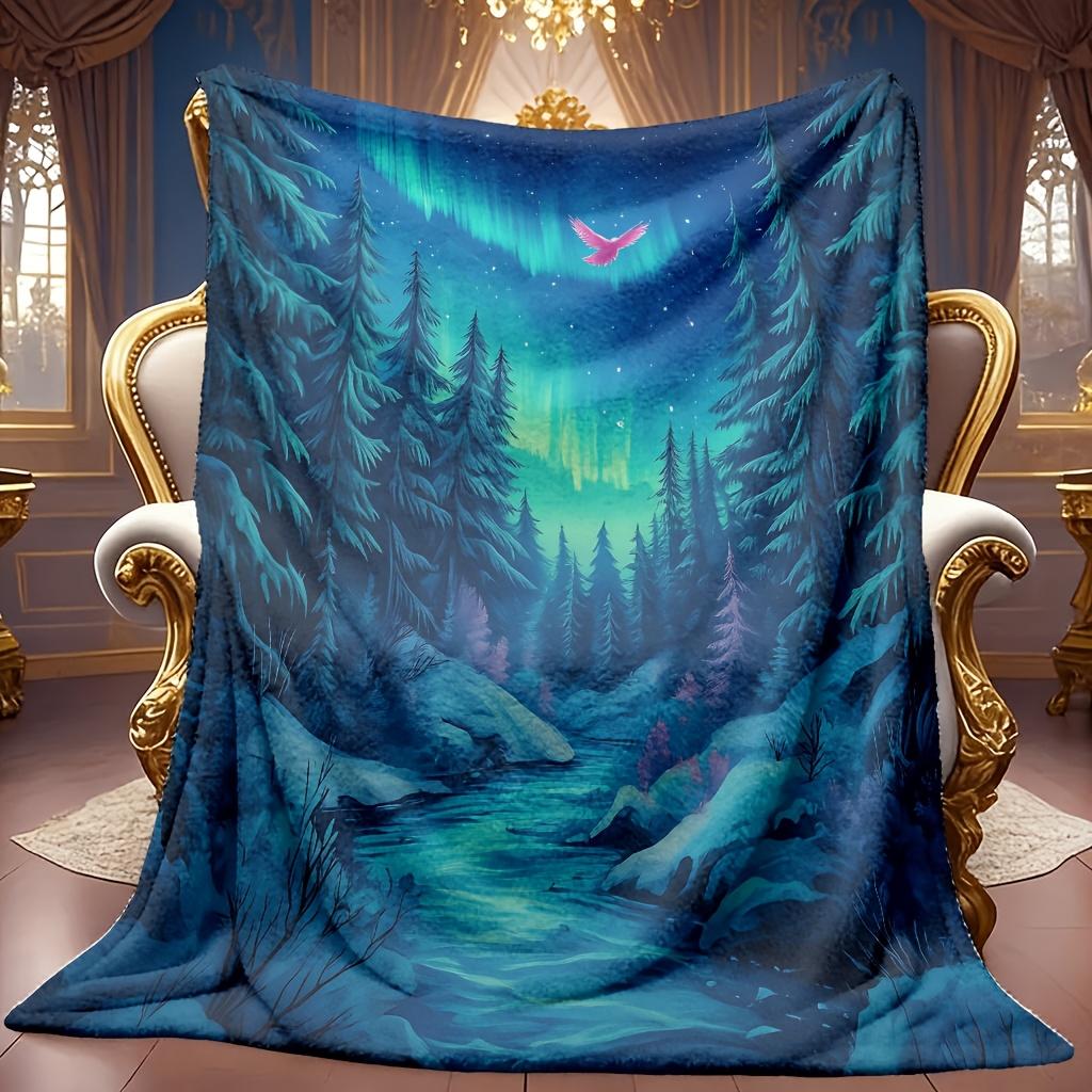 A Cozy Fleece Blanket Featuring a Forest Night Scene Design, Soft And High-Definition Digital Printing, Suitable for Cooling, Usable All Year Round! M