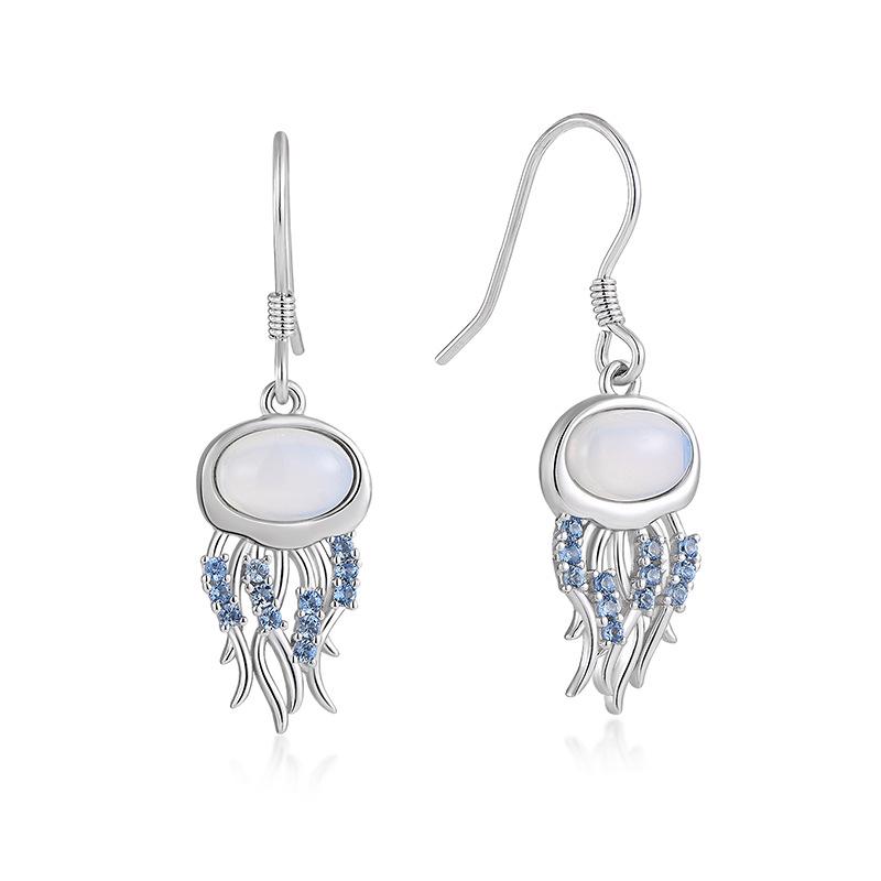 S925 Sterling Silver Moonstone Jellyfish Tassel Earrings for Women - Retro & Elegant Design 925 Silver