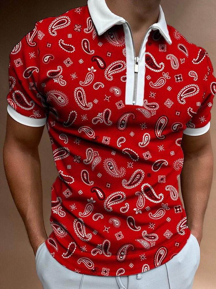 Men S Short Sleeve Polo Shirt Color Block Zip Detail Loose Fit Casual Top