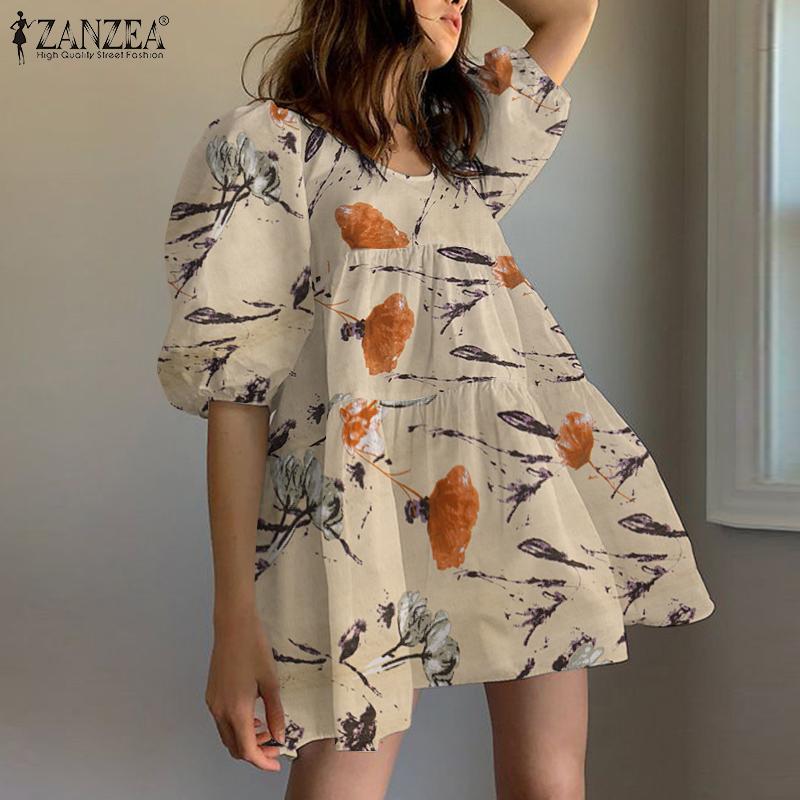 

ZANZEA Летнее повседневное короткое платье с круглым вырезом и цветочным принтом