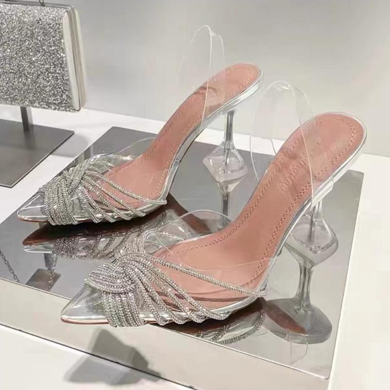 

Роскошные босоножки-слайды из прозрачного ПВХ со стразами, женская модная обувь на высоком каблуке с острым носком, дизайнерские сандалии, элегантная обувь для вечеринки, без задника 40